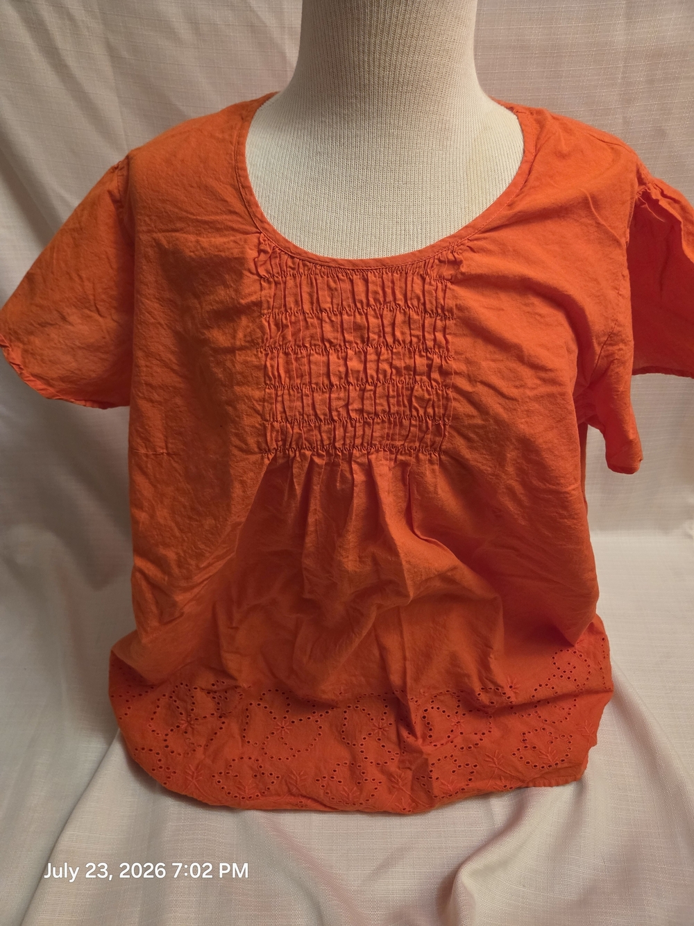 Woman Within Orange Short Sleeve Smocked Front Eyelet Hem Top